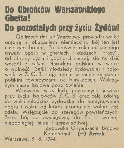 Odezwa Icchaka Antka Cukiermana do ludności żydowskiej „Warszawianka: wydawnictwo Warszawskiego O.K.R.P.P.S.”, 1944, nr 4 zbiory Biblioteki Narodowej