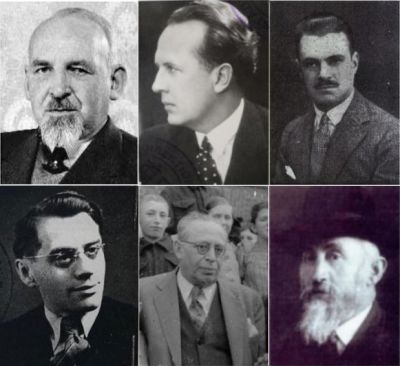 Grupa Ładosia, od góry z lewej: Aleksander Ładoś, Stefan Ryniewicz, Konstanty Rokicki, Juliusz Kuhl, Abraham Silberschein, Chaim Eiss